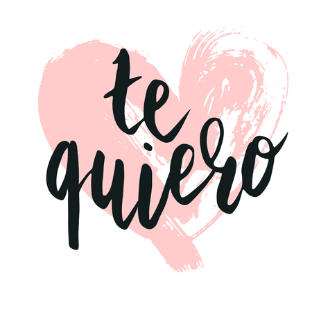 Happy valentine lettering te quiero, I love you in Spanish, hand written with dry brush heart shape background.のイラスト素材