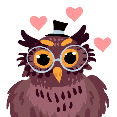 Happy Valentine's day, cute owl in glasses flat illustration with hearts isolated on white.のイラスト素材