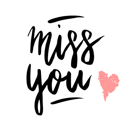 Miss you hand written happy Valentine day lettering with sketch heart isolated on white background.のイラスト素材