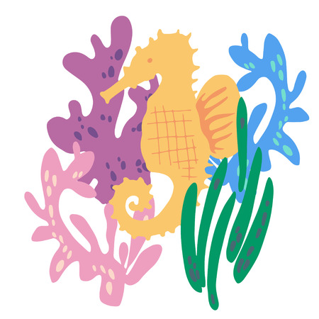 Hand drawn vector illustration of cute sea horse and corals. Isolated on white. Simple sweet kids nursery art Scandinavian style. Graphic design for apparel.のイラスト素材