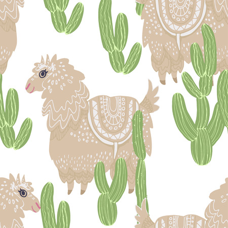 Beautiful hand drawn vector tile pattern of llama and cacti in scandinavian style isolated on white. Simple sweet kids nursery illustration. Graphic design for apparel print.のイラスト素材