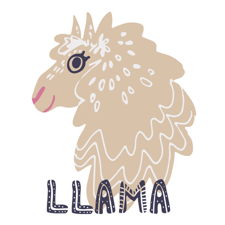 Beautiful hand drawn vector illustration of llama with lettering in scandinavian style isolated on white. Simple sweet kids nursery illustration. Graphic design for apparel print.のイラスト素材