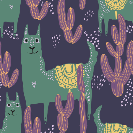 Beautiful hand drawn vector tile pattern of llama and cacti in scandinavian style. Simple sweet kids nursery illustration. Graphic design for apparel print.のイラスト素材
