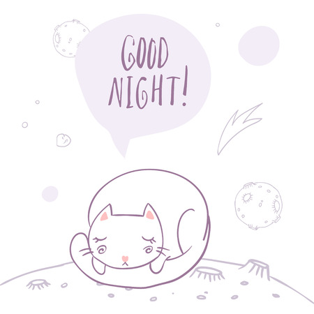 Cute cat in space sleeping surrounded by stars, planets. asteroids. Good night hand lettering. Simple sweet kids nursery illustration. Graphic design for apparel.のイラスト素材