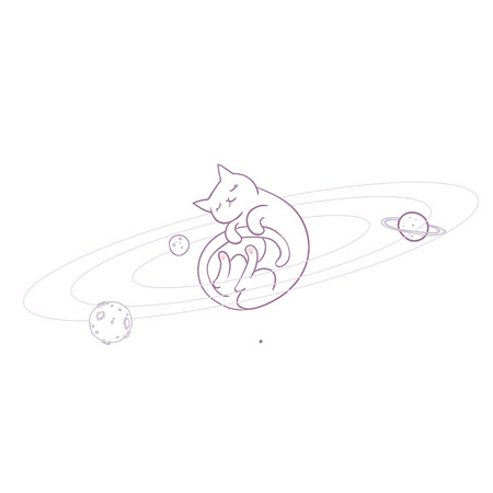 Cute cat flying in space surrounded by planets as the center of solar system. Simple sweet kids nursery illustration. Graphic design for apparel.のイラスト素材