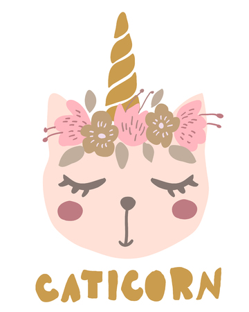 Cute sweet little cat dressed as unicorn vector art. Naive sketch childish nursery scandinavian hand drawn illustration. Caticron graphic design tee print.のイラスト素材