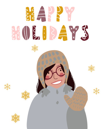 Hand drawn vector illustration of smiling woman in outdoor winter clothes. Scandinavian style lettering phrase Happy Holidays.のイラスト素材