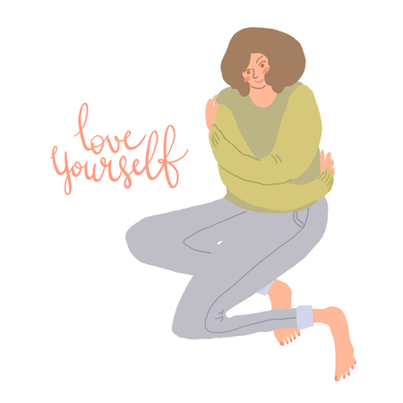 Hand drawn vector illustration minimal style of smiling woman hug herself. Handwritten Love Yourself phraseのイラスト素材