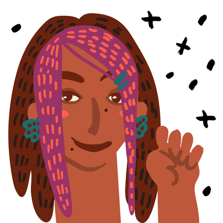 Hand drawn vector illustration minimal style of smiling woman in holding hand in a fist. Abstract elements. Feminism tolerance rights conceptのイラスト素材