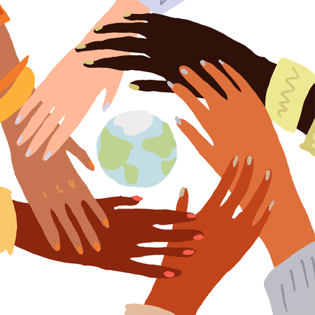 Illustration of a people's hands with different skin color together holding each other. Race equality, feminism, tolerance art in minimal style.のイラスト素材