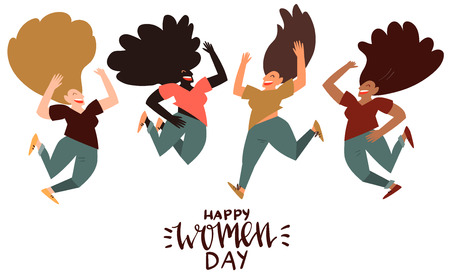 Happy women day - celebration card template with handwritten lettering and hand drawn illustration of group of women jumping in air isolated on white.のイラスト素材