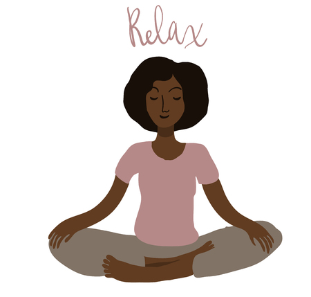 Woman sittin in meditation pose vector illustration. Hand drawn art in minimal flat style. Lettering phrase Relaxのイラスト素材