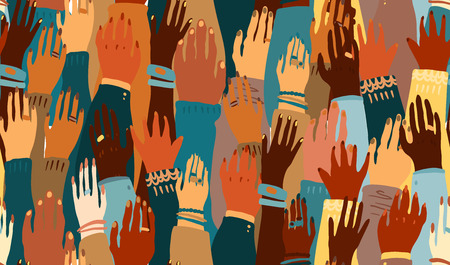 Illustration of a people's hands with different skin color together. Race equality, feminism,...