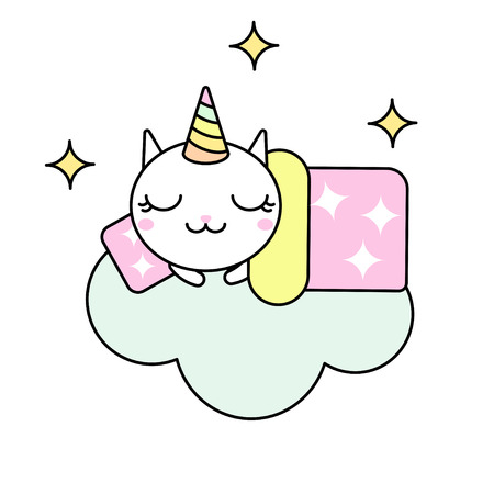 Cute kawaii vector illustration of happy cartoon rainbow cat unicorn sleeping on cloud isolated on white.のイラスト素材