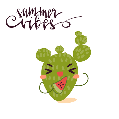 Hand drawn vector illustration of happy cartoon cute cactus with watermelon in minimal flat style isolated on white with handwritten lettering element Summer Vibes.のイラスト素材