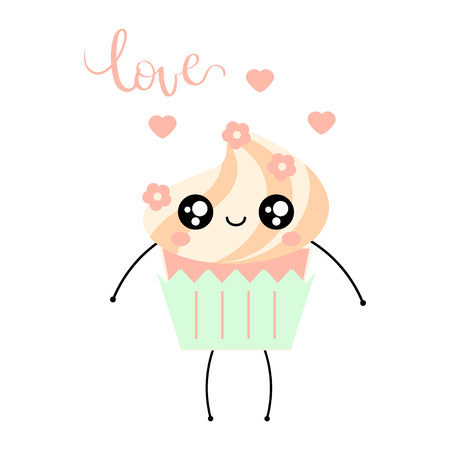 Cute kawaii vector illustration of happy cupcake crepe character isolated on white.のイラスト素材