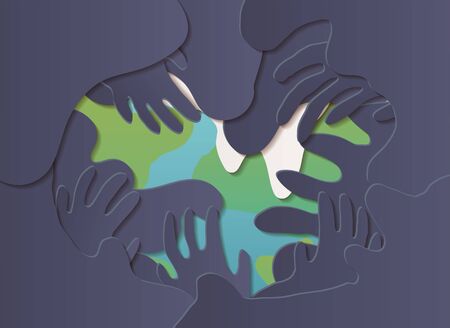 Grobal warming, climate change concept illustration template. Earth planet surrouned by pollution in shape of hungry hands, ice melting. Paper cut flat style vector art.のイラスト素材
