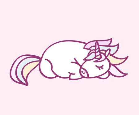 Cute cartoon character unicorn with rainbow hair sleeping, funny magical hand drawn vector illustration. Graphics art for print on t shirt, card.のイラスト素材