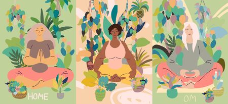 Flat style cartoon cute character, diverse women doing meditation in yoga pose at home surrounded by plants. Healthcare, wellbeing, exercise, stress relief concept. Minimal vector illustration card set.のイラスト素材