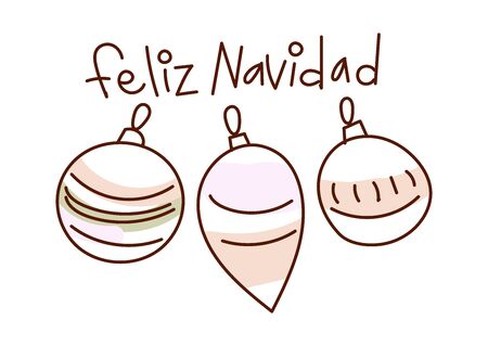 Minimal style hand drawn art of cute ball ornaments and handwritten phrase Feliz Navidad, translation from Spanish: Merry Christmas. Vector illustration for card.のイラスト素材