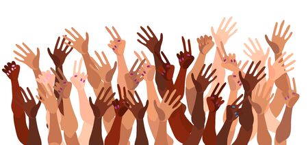 Illustration of a group of peoples hands with different skin color together. Diverse crowd, race equality, feminism, tolerance vector art in minimal flat style.