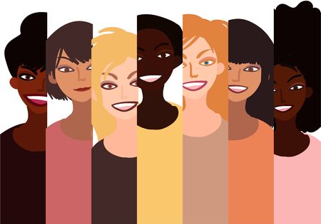 Group of happy smiling women of different race together. Flat style illustration isolated on white. Feminism diversity tolerance girl power concept.のイラスト素材
