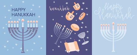 Happy Hanukkah greeting card template with menora, dreidel, chocolate coins and jelly donuts. Hand drawn flat vector illustration. Handwritten lettering.のイラスト素材