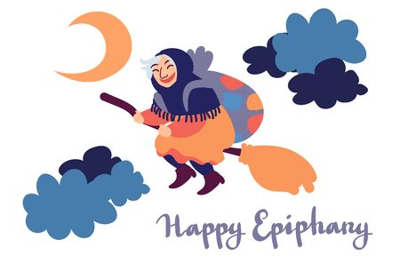 Happy Epiphany greeting card template with handwritten lettering, old witch flying on a broom in the night to bring presents. Hand drawn flat vector illustration.のイラスト素材
