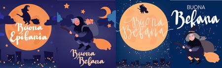 Buona Befana greeting card template set with handwritten lettering, old witch flying on a broom in the night to bring presents. Hand drawn flat vector illustration. Phrase translation: Happy Epiphanyのイラスト素材