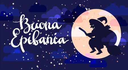 Buona Epifania translation: Happy Epiphany greeting card template with handwritten lettering, old witch flying on a broom in the night to bring presents. Hand drawn flat vector illustration.のイラスト素材