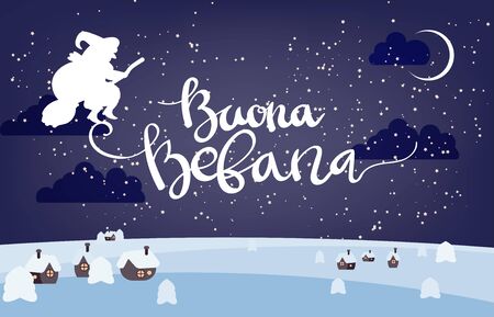 Buona Befana translation: Happy Epiphany greeting card template with handwritten lettering, old witch flying on a broom in the night to bring presents. Hand drawn flat vector illustration.のイラスト素材