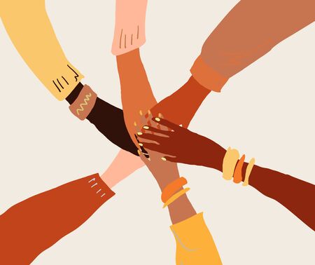 llustration of a people's hands with different skin color together holding each other. Race equality, feminism, tolerance art in minimal style.のイラスト素材