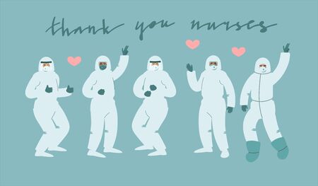Group of medical professionals in protection suits doing various funny poses for celebration. Vector art in minimal style.のイラスト素材