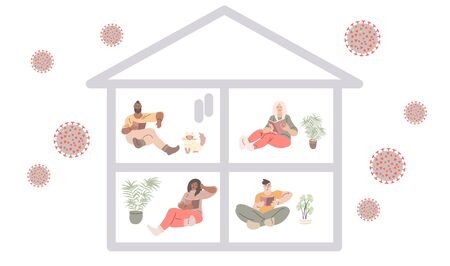 Various people staying at home for quarantine with the virus outside. Vector art in minimal flat style.のイラスト素材