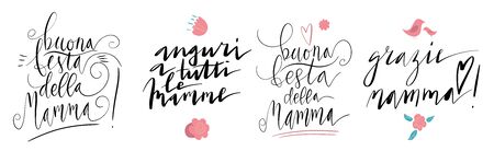 Handwritten vector lettering set for Buona Festa Della Mamma in Italian language. Small birds and flowers. Translation: Happy Mother's day, Best Wishes To All Mothers, Thank you Motherのイラスト素材