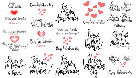 Happy Valentine Day phrase written in various languages. Vector letteing set isolated on white.のイラスト素材