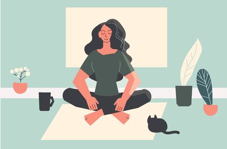 Woman indoors doing meditation in the morning surrounded by plants and cat. Minimal vector illustration.のイラスト素材