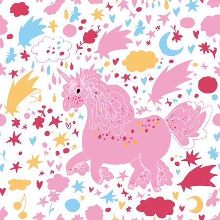Hand drawn vector tile pattern of cute unicorn surrounded by stars, moon, clouds, flower, butterfly, sweets. Isolated on white. Simple sweet kids nursery illustration. Graphic design for apparel.のイラスト素材