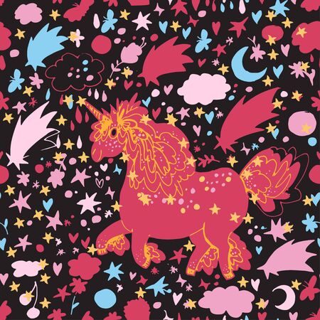 Hand drawn vector tile pattern of cute unicorn surrounded by stars, moon, clouds, flower, butterfly, sweets. Isolated on white. Simple sweet kids nursery illustration. Graphic design for apparel.のイラスト素材