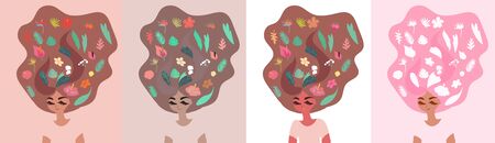 Cartoon woman character with hair flowing upwards filled with various tropical plants and flowersa. Hair care beauty concept vector illustration. Hand drawn minimal art.のイラスト素材