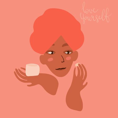 Cartoon woman character applying make up. Skin care beauty concept vector illustration. Hand drawn minimal art.のイラスト素材