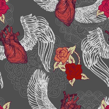 Realistic detailed hand drawn tile pattern of human heart with wings, roses, leafs, thorns, abstract mandala. Dark Valentine's day goth graphic tattoo style image. Textile, clothes, fabric, paper print.のイラスト素材