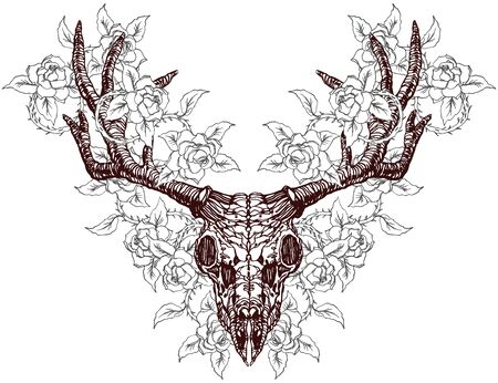 Realistic detailed hand drawn illustration of an old animal deer skull with big horns and roses background. Graphic tattoo style art on occult theme. Design for t-shirt print.のイラスト素材