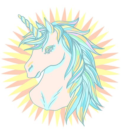 Realistic detailed hand drawn illustration of an unicorn head with mane and horn. Graphic tattoo style pastel color art of imaginary animal. Design for t-shirt, clothes, card print.のイラスト素材