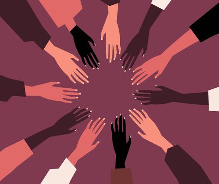 Human hands with different skin color stacked together for support. Group, unity, race equality,...