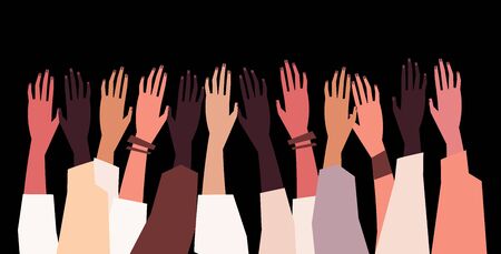Human hands with different skin color stacked for support. Group, unity, race equality, tolerance concept art in minimal flat style. Vector illustration card.のイラスト素材