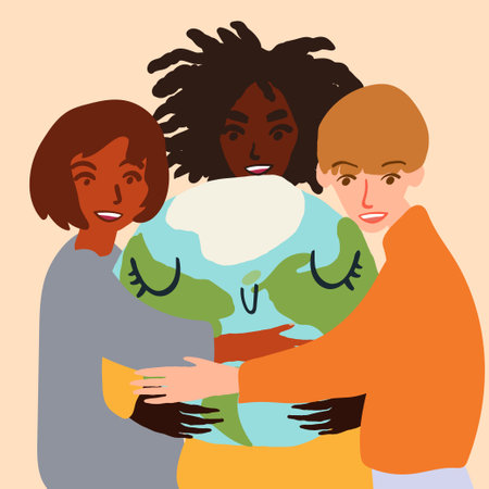 Happy cute planet earth being hug by diverse people. Global warming climate change concept vector illustration isolated on white.のイラスト素材
