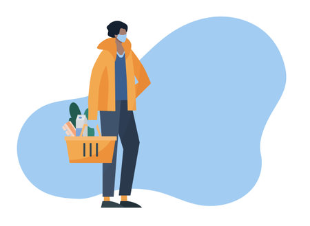 Person doing grocery shopping while wearing face mask and gloves for protection. Covid, social distance, lifestyle, pandemic concept. Cartoon faceless character. Flat vector illustration.のイラスト素材