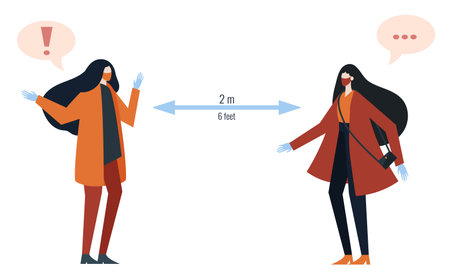 Two people greeting each other while keeping social distance to prevent covid19 transmission. Flat design illustration.のイラスト素材