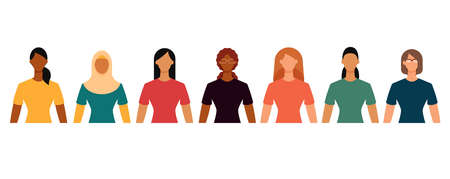Group of diverse female students in casual clothes. Minimal faceless characters icon. Flat design vector illustration isolated on white.のイラスト素材